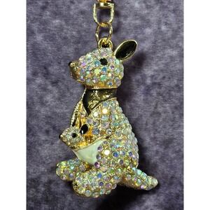 Crystal Kangaroo Joey Keychain Gold Tone Aurora Borealis Rhinestone Bag Charm